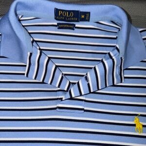 Ralph Lauren Polo Shirt Mens M Blue White Black Stripe Performance Yellow Pony